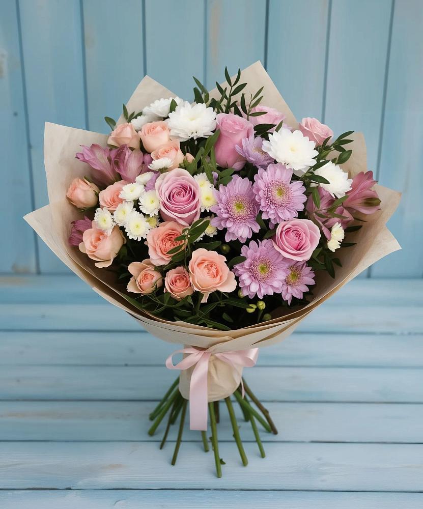 Букет цветов из: Хризантемы, Розы и Альстромерии в Шкуропатове