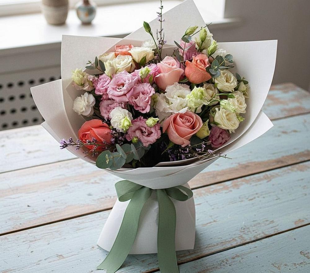 Букет цветов из: Розы, Лизиантусы и Гвоздики в Шкуропатове