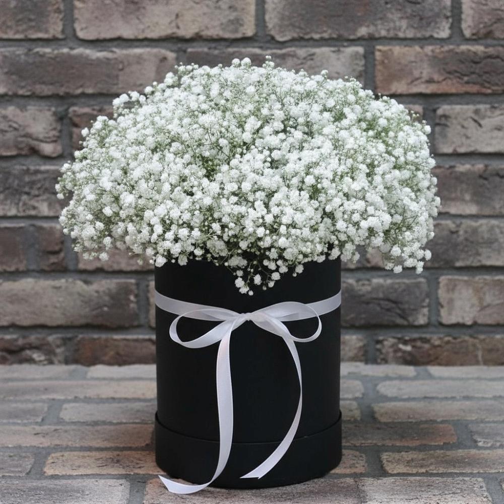 Цветочная композиция из Гипсофила в шляпной коробке в Шкуропатове