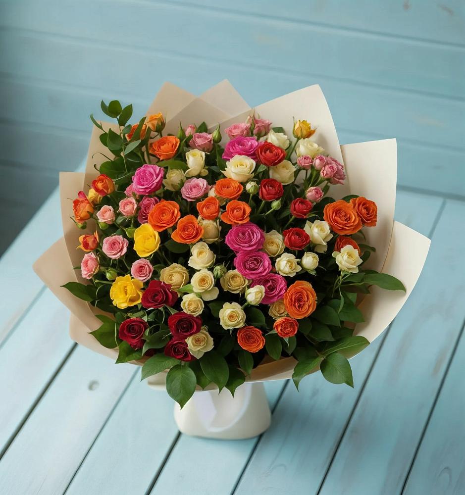 Букет Микс из разноцветных кустовых роз в Шкуропатове