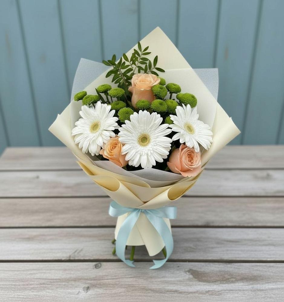 Букет цветов из: Герберы, Розы и Хризантемы в Шкуропатове