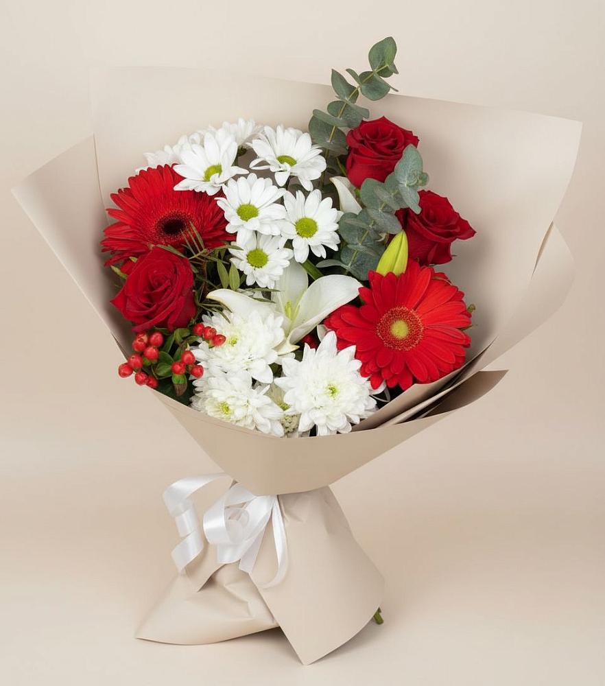 Букет цветов из: Розы, Хризантемы, Герберы и Лилии в Шкуропатове