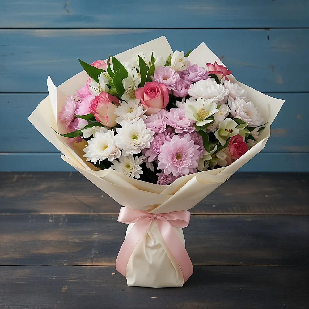 Букет цветов из: Хризантемы, Альстромерии и Розы в Шкуропатове